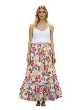 Rachel Zoe Womens Floral Maxi Skirt Elastic Waistband Multicolor Linen Blend